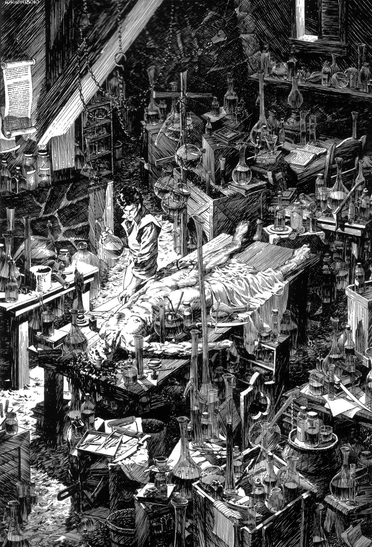 scientist experimenting on monster laying on table