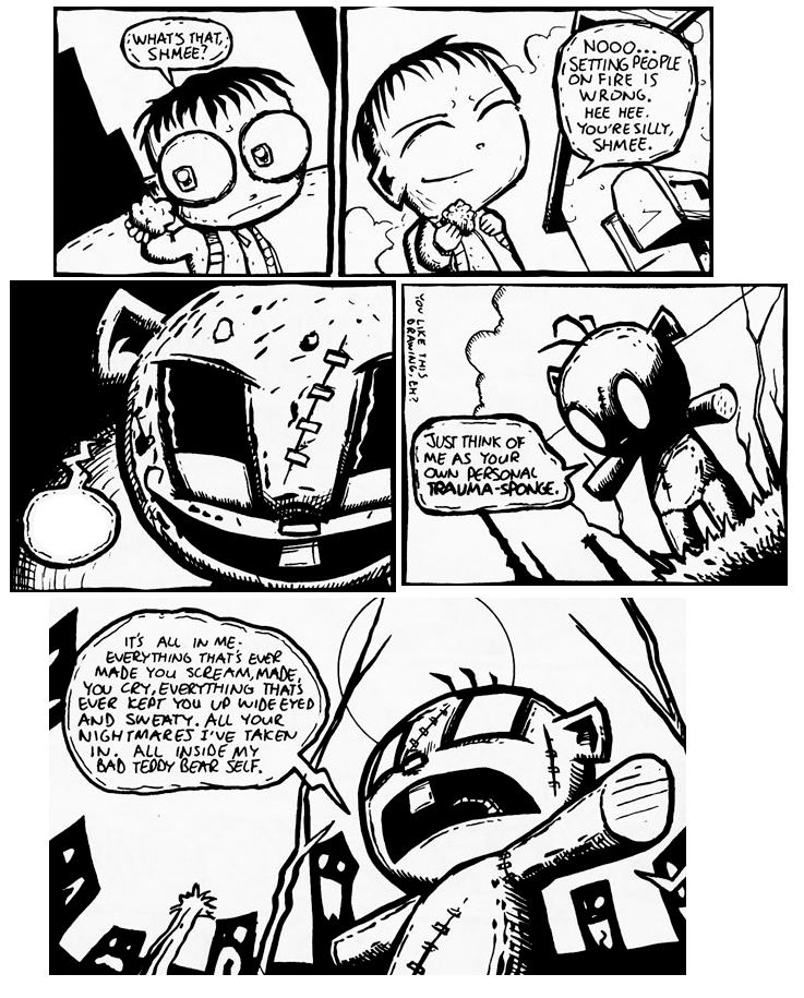 teddy bear talking to little boy