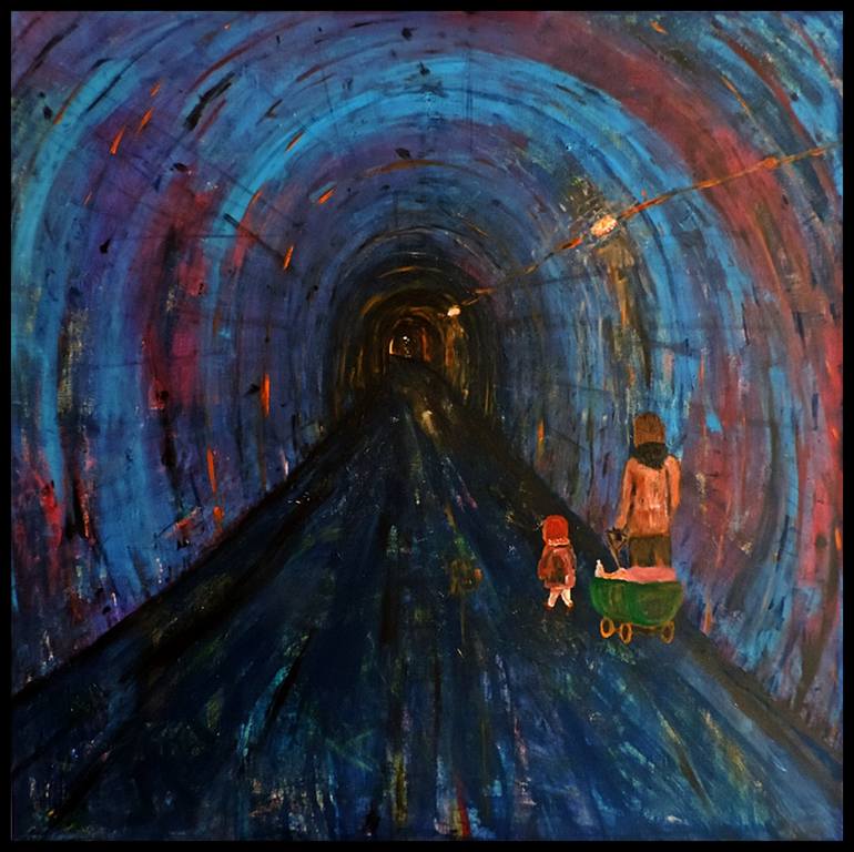 A painting Wil E Coyote did in a tunnel with 2 people