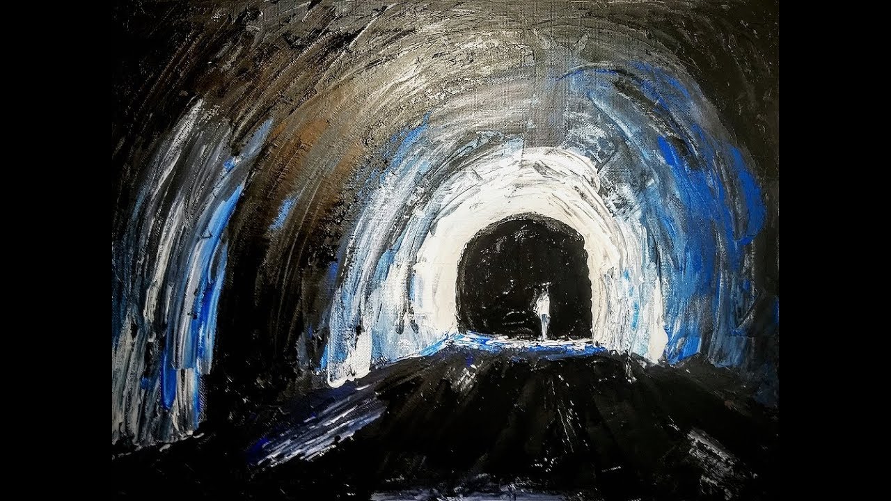 A painting Wil E Coyote did of a dark tunnel with a figure at the end