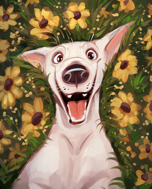 Illustration of a white greyground with a big smile lying on yellow flowers. 