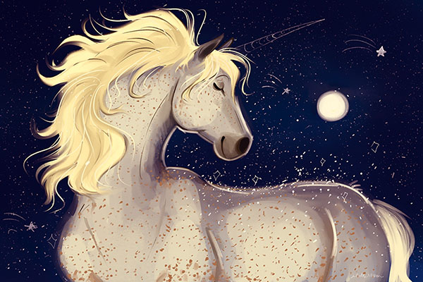 Illustration of a fleabitten gray arabian horse at night with a transparent unicorn horn.