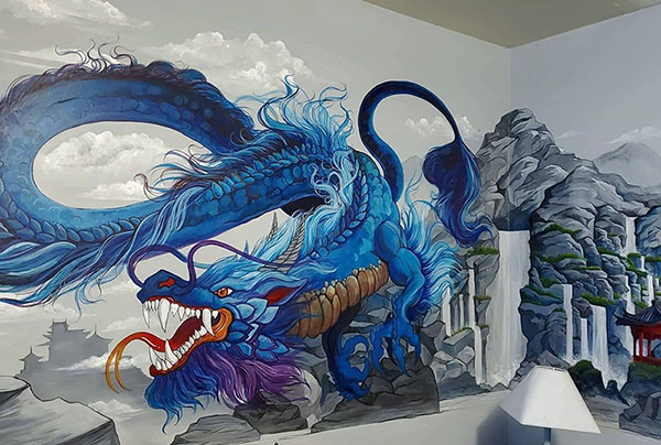Mural of a blue dragon