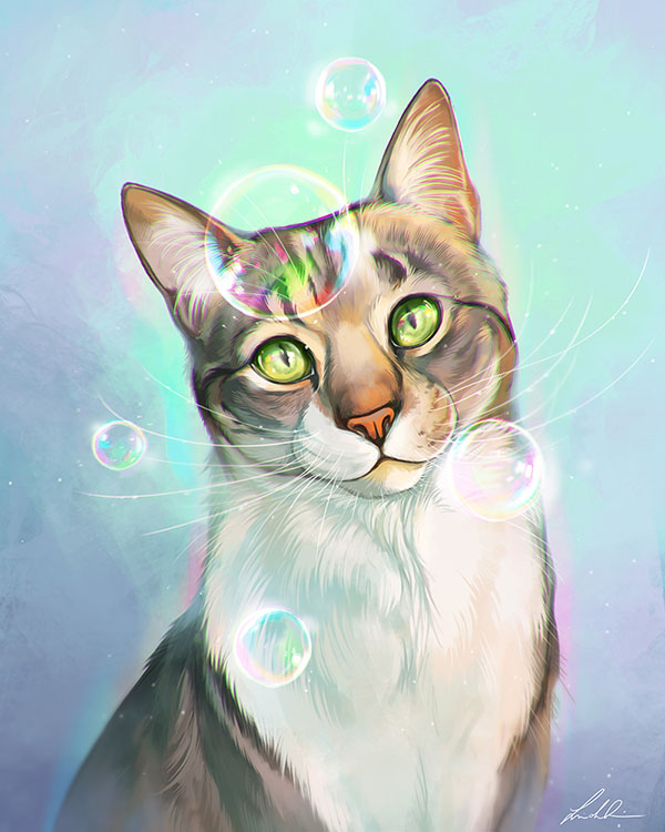 Illustration of a tabby cat with bubbles.