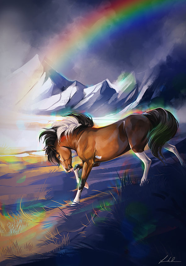 Illustration of a bay tobiano horse running down a hill with rainbows in the background.